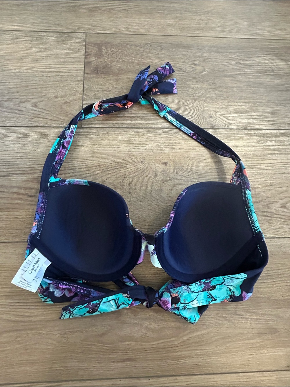 Calvin Klein Bikini Top Small Halter Molded Cup Abstract Print Teal Purple Coral - Picture 4 of 4